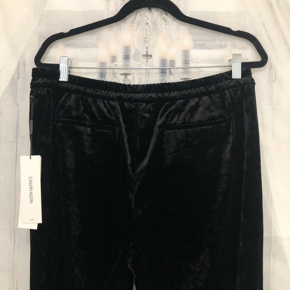 Calvin Klein Size 14 Black Crushed Velvet Wide Leg Trouser Pants Drawstring - Picture 9 of 11